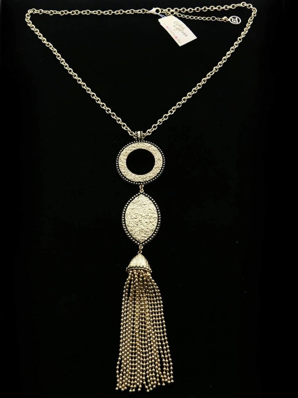Erica Lyons Gold-Tone Textured Double Medallion Tassel Necklace